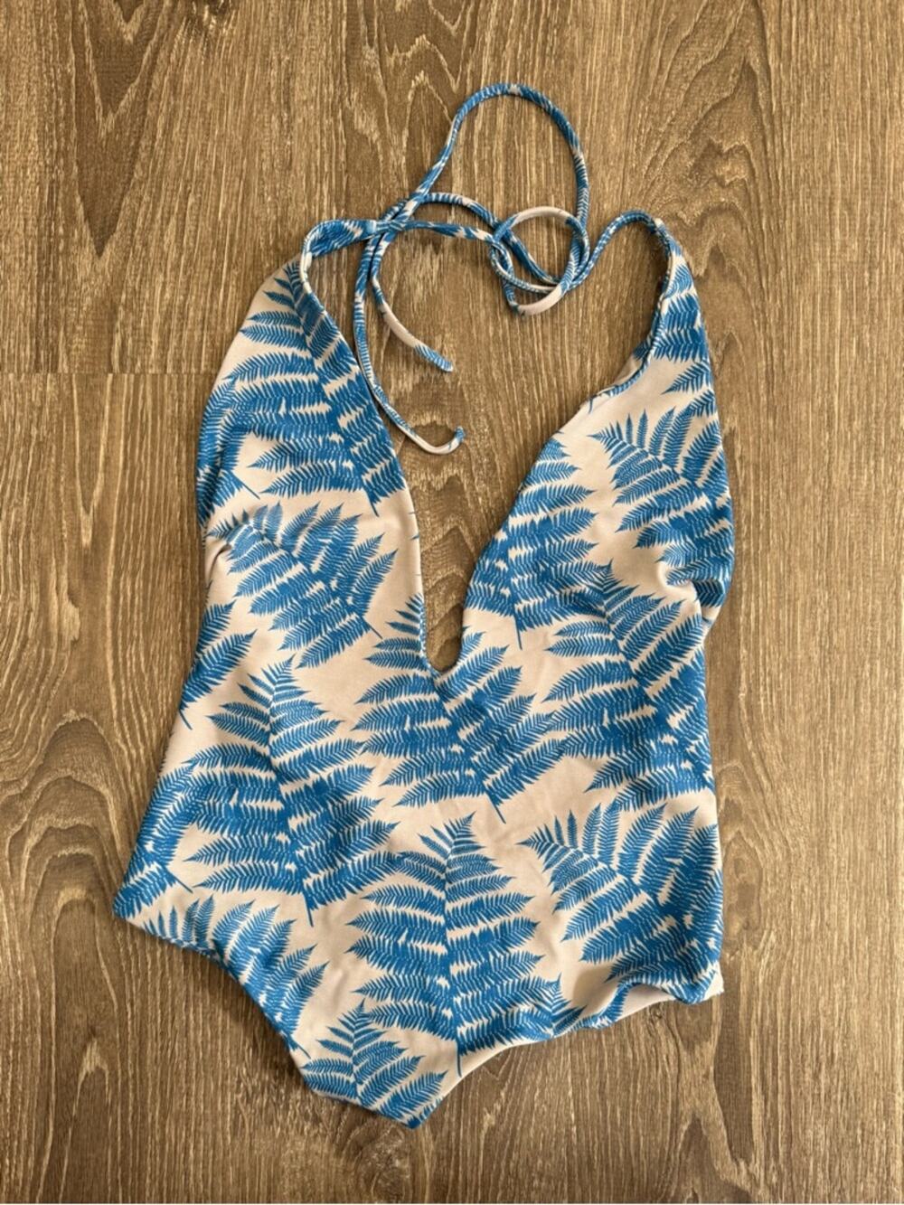 Mikoh Hinano One Piece Swimsuit XS Blue Fern Hawaii Deep Plunge - Picture 1 of 4